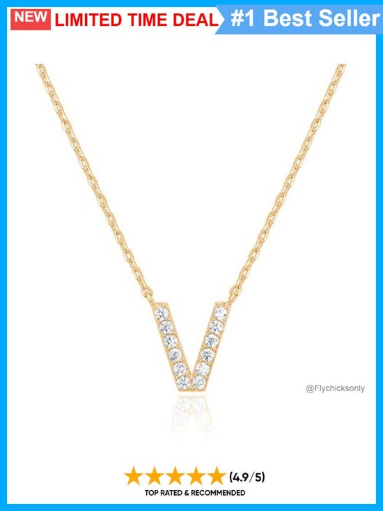 Jewelry - 14K Yellow Gold Plated CZ Initial V Pendant Necklace 18in